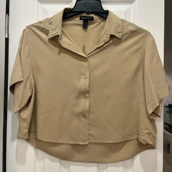 Oversized Cropped Button Shirt Size XL Women Casual Chic Lightweight Blouse - Picture 1 of 3